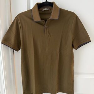 Men's Loro Piana Brentwood Polo Shirt, Olive Green w/ Navy Trim- Like New